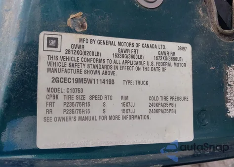 1998 Chevrolet C1500 Fleetside from USA, damaged, VIN 2GCEC19M5W1114193